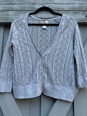 SO Womens Cardigan Size L Gray Open Knit Lace Button Front 3/4 Sleeve Cotton